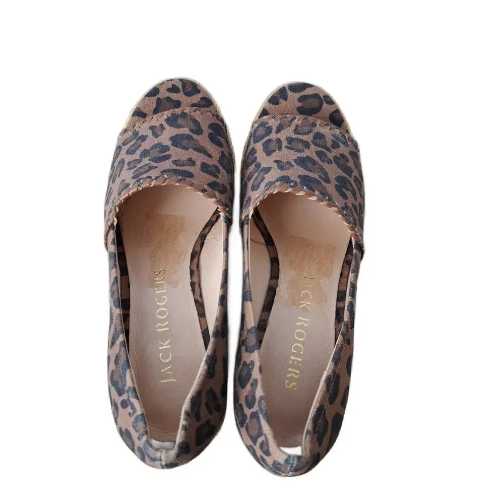 Jack Rogers Palmer Wedge Sandal Size 7 Linen Leopard Print Espadrille Peep Toe